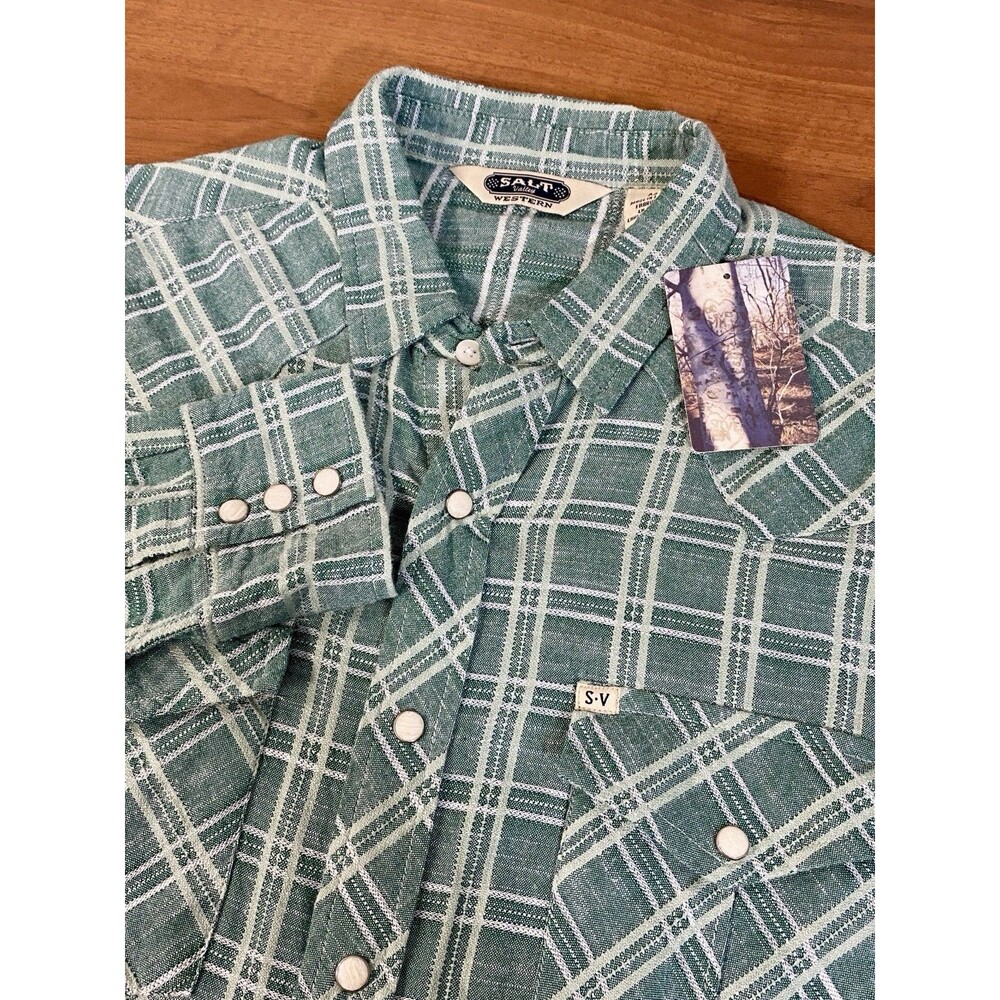 Salt Valley Western Shirt Mens Medium Pearl Snap Flannel Cowboy Green NWT